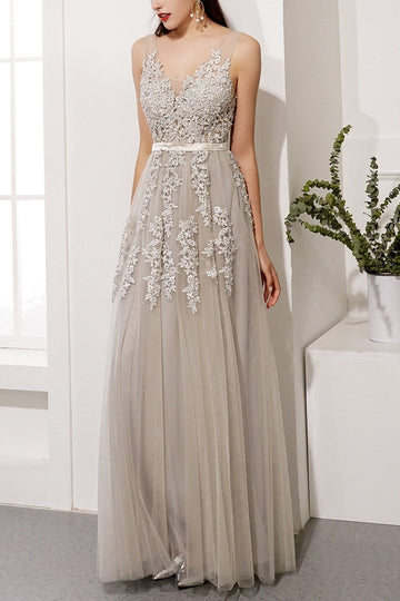 Grey Appliques Long Ball Dress